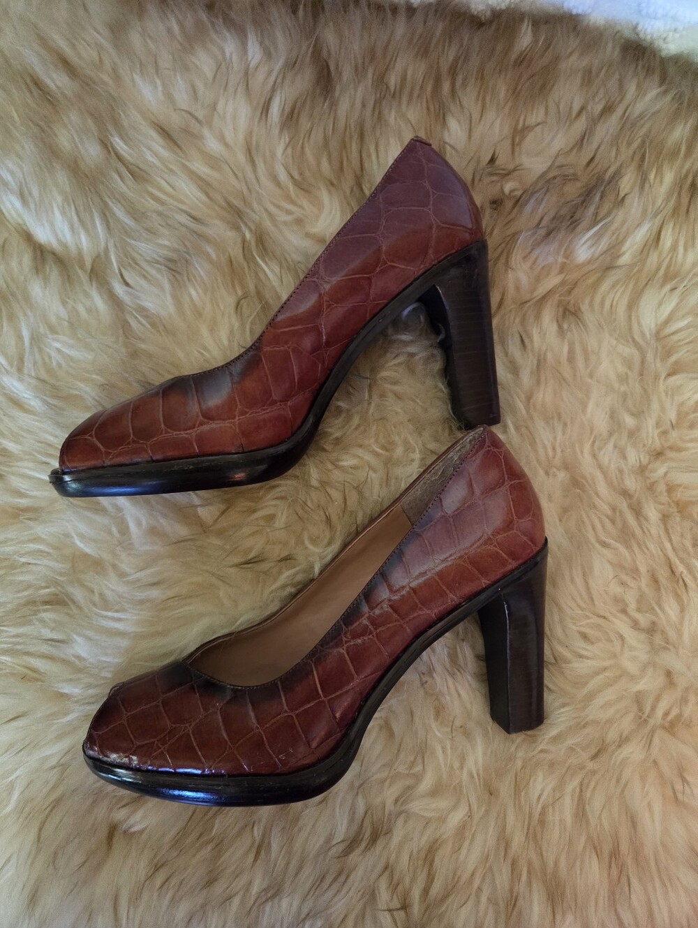 Nine West Brown Croc-Embossed Leather High Heel Pumps